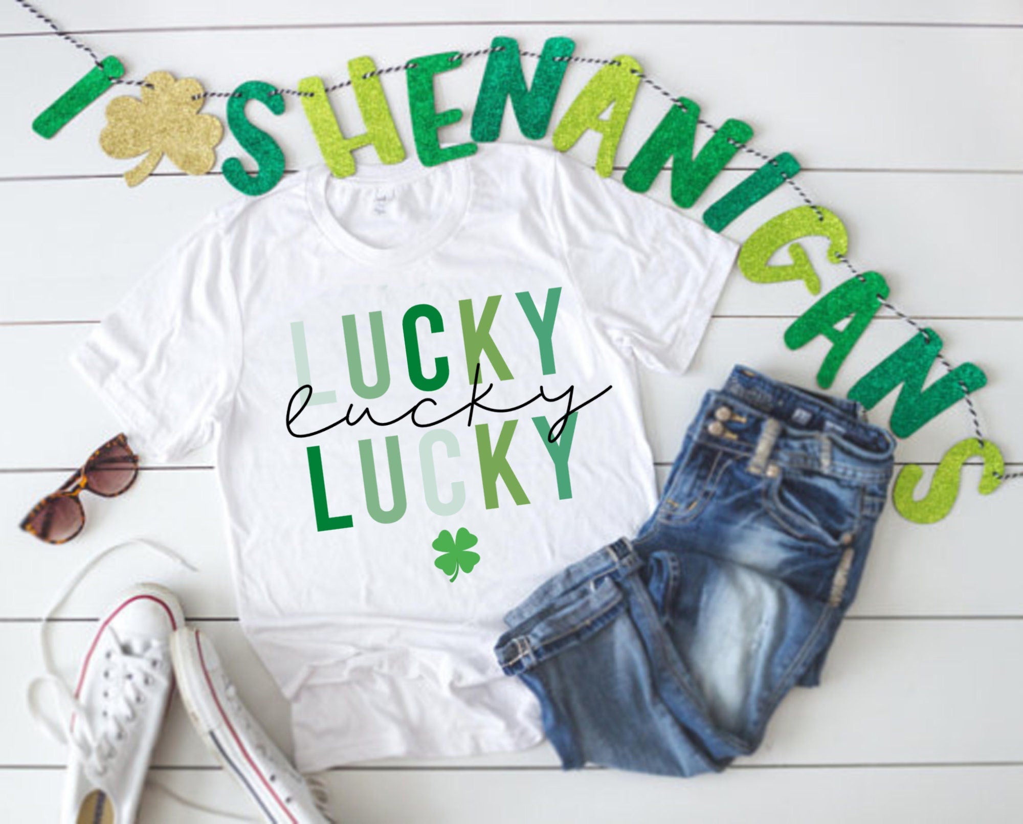 Lucky St Patricks Day Summer Happy Go Lucky Distressed Good Vibes Vintage Boho Retro Spring Summer Easter Printable PNG Sublimation Design