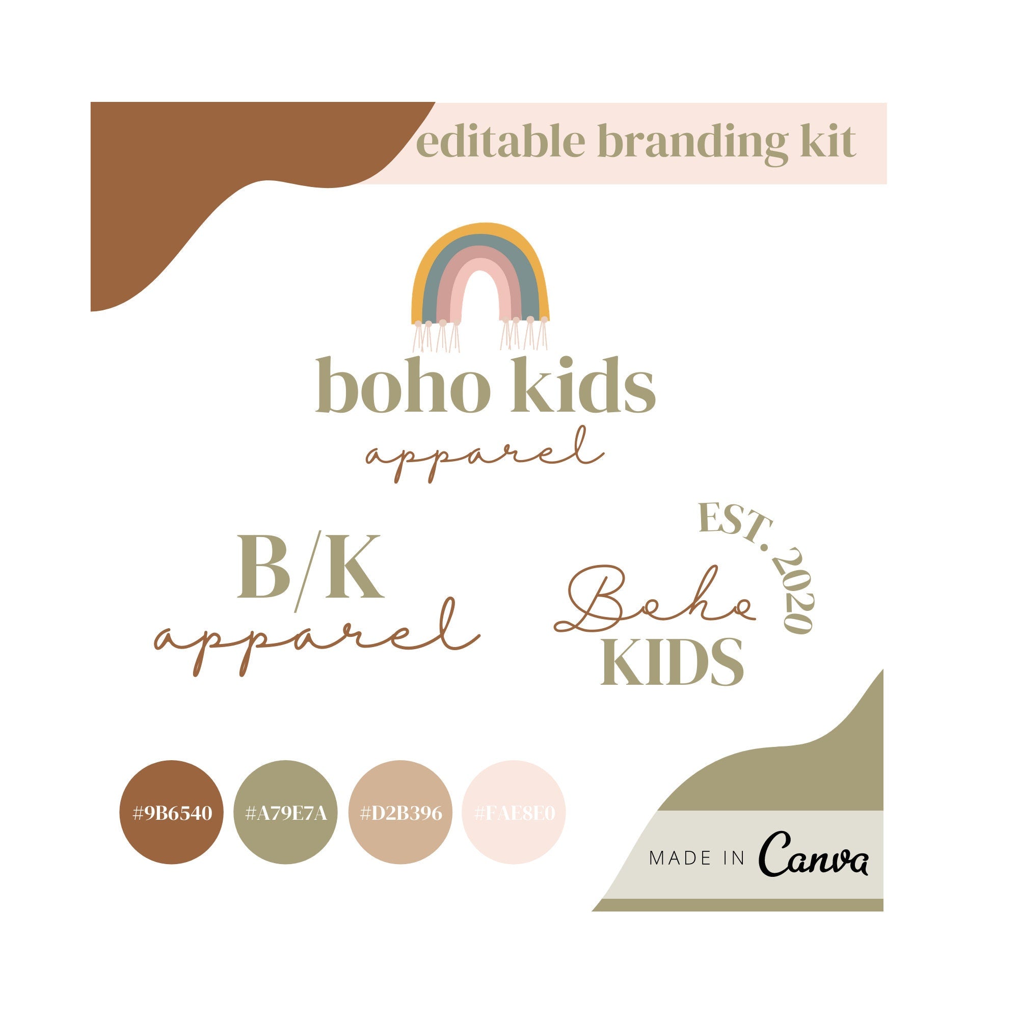 INSTANT DOWNLOAD - Boho Kids Apparel Branding Package, Fashion Boho Logo, Branding Kit, Bohemian Logo, Minimal Custom Logo Design