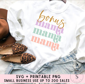 Bonus Mama Svg, Bonus Mom, Mom and Me Matching, Boho Vintage Spring Summer SVG Cut File, Printable PNG Silhouette Cricut Sublimation