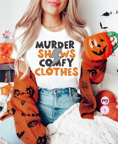 Murder Shows Comfy Clothes Sublimation PNG, Retro Halloween PNG, Distressed png, Ghouls png, Fall png, Retro PNG, Sublimation Design